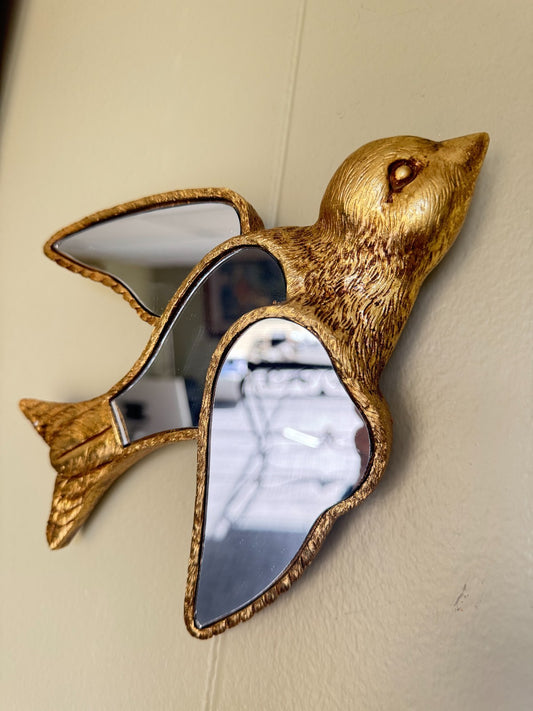 Vintage-Style Gold Resin Swallow Wall Décor with Mirror Inlay – 7” Home Decor