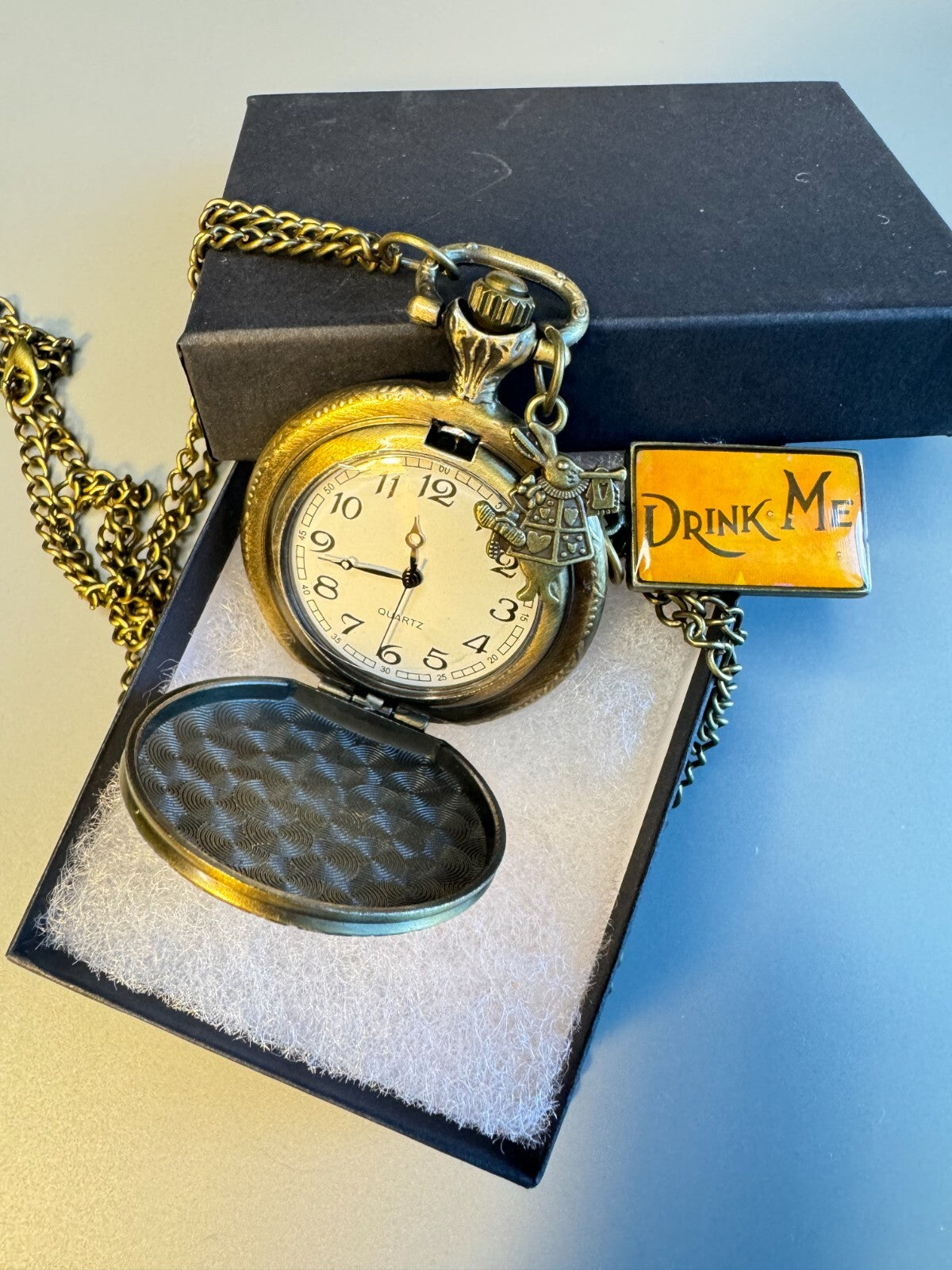 Alice in Wonderland Vintage Style  Brass Watch With Chain Toy Collectible