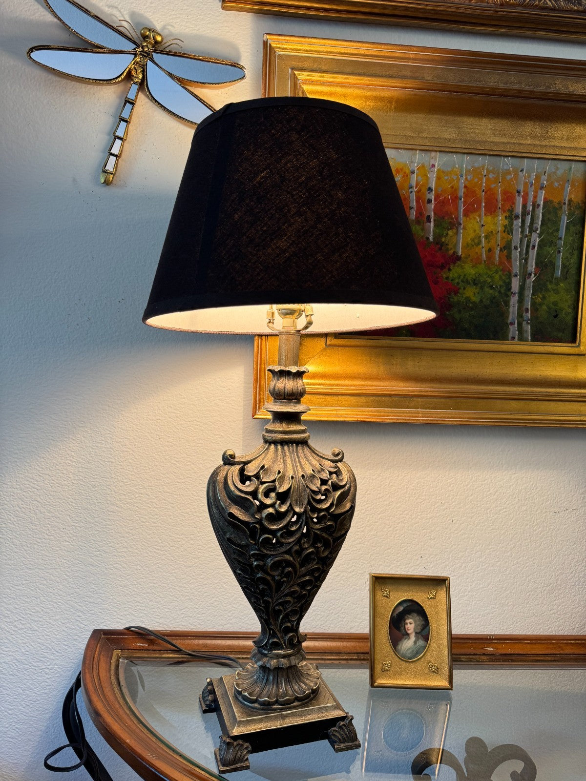 Vintage Ornate Bronze-Style Resin Table Lamp  Black Shade – 28” Tall