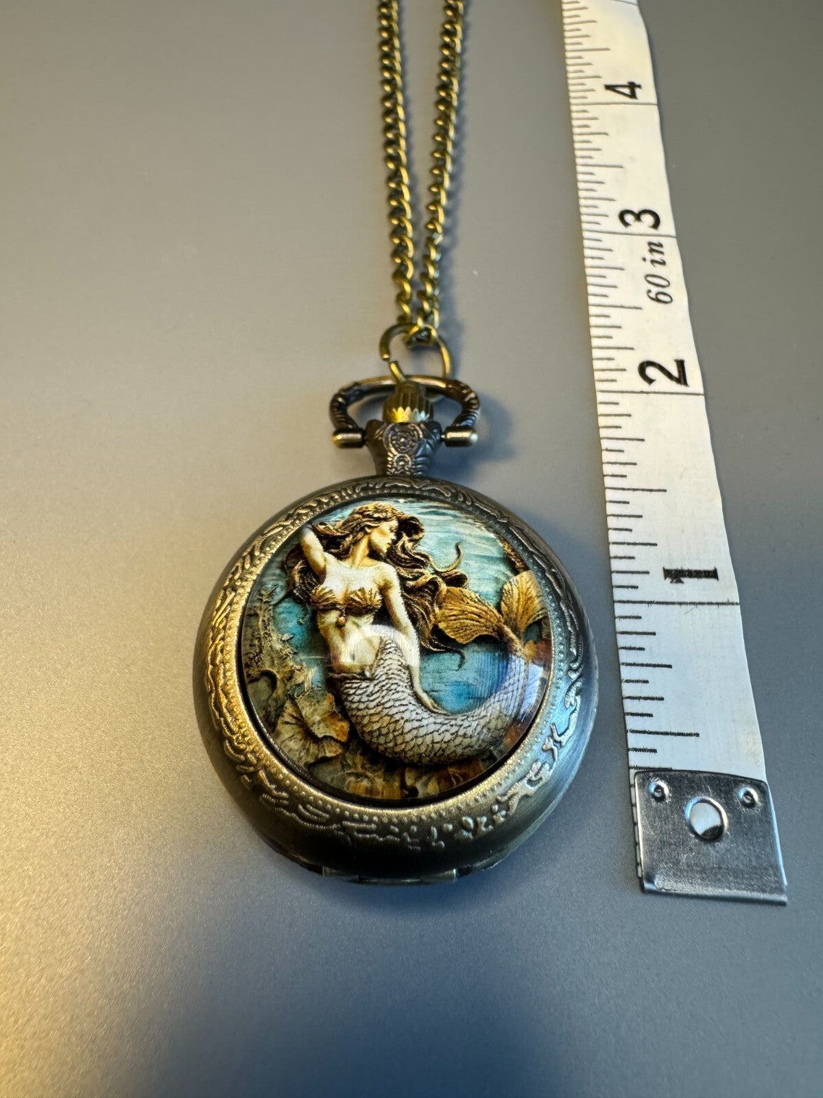 Mermaid Vintage Style  Brass Watch With Chain Toy Collectible