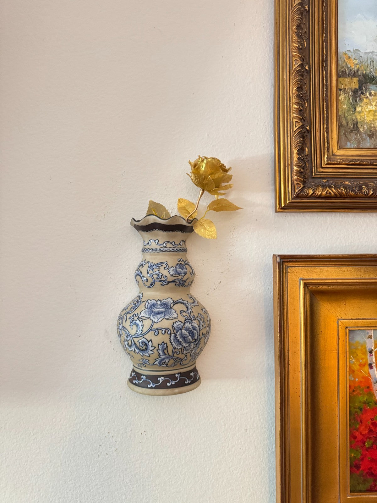 Formalities by Baum Bros. Blue & White Ceramic Wall  Vase – 13” Floral Asian