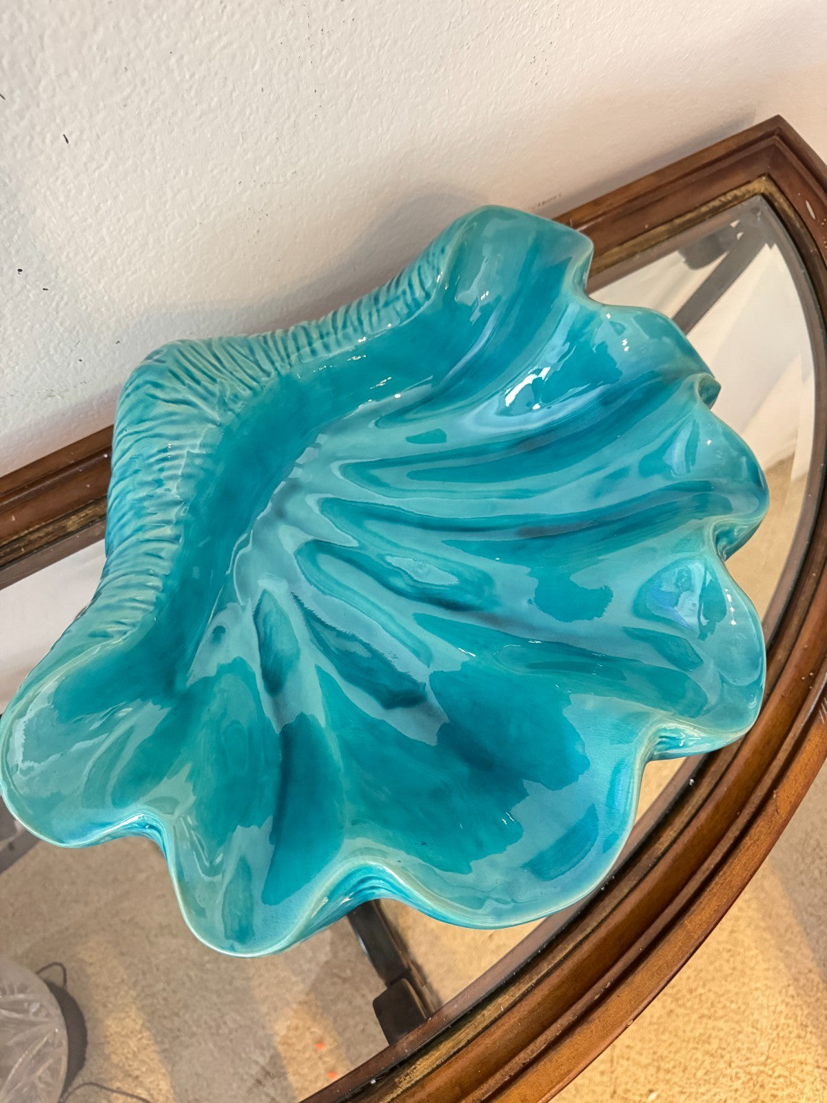 Large Turquoise Ceramic Clam Shell Bowl | Marine Style  16”