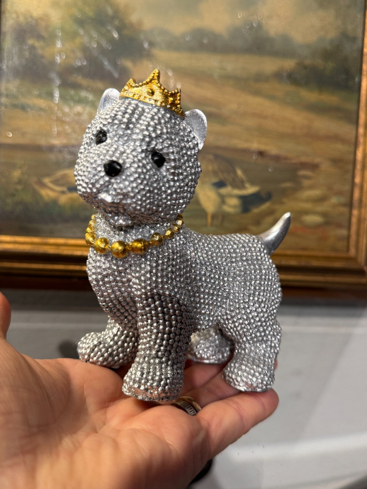 Luxury Rhinestone Dog Figurine with Crown & Necklace – Sparkling Resin Decor