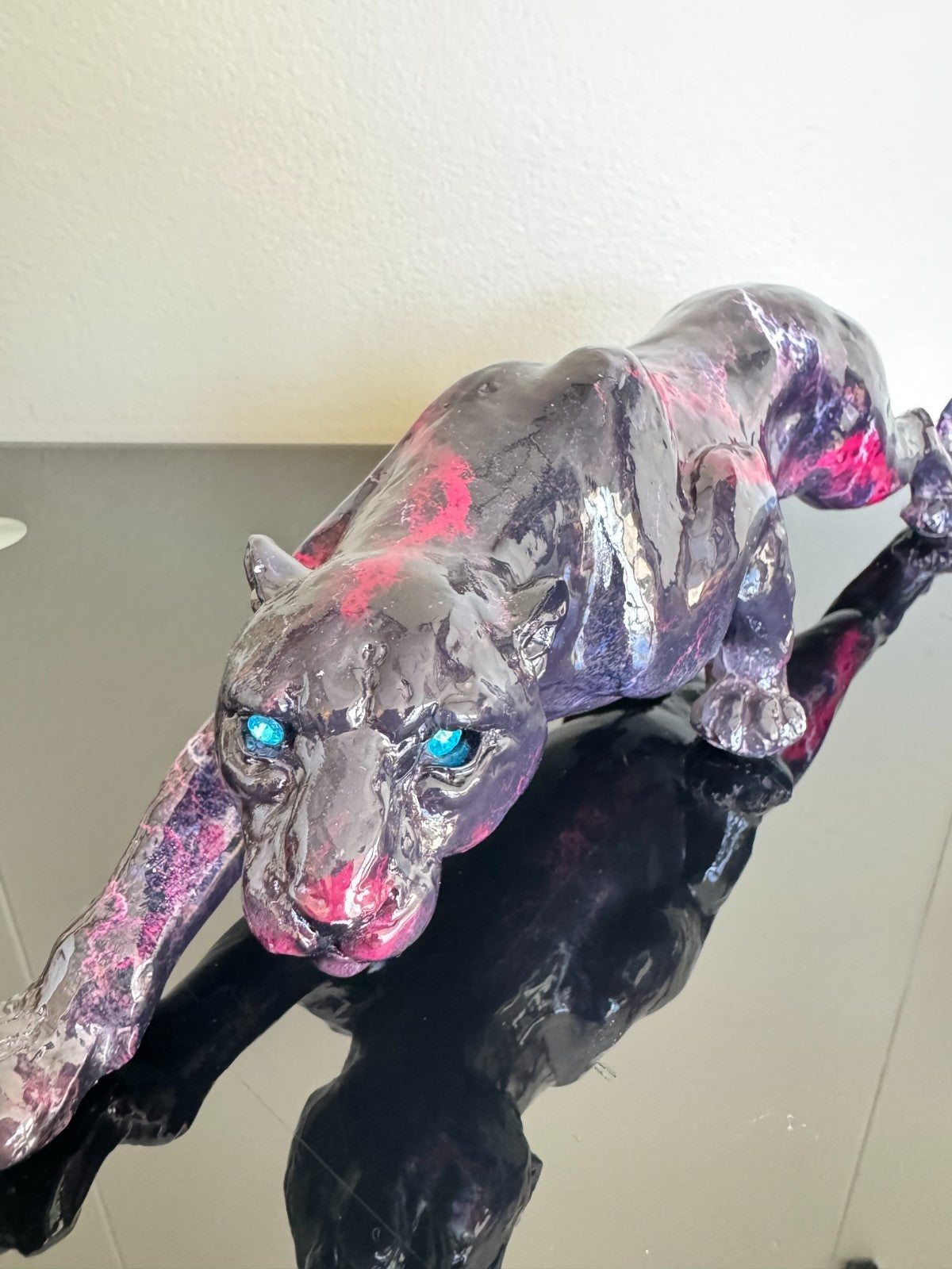 Resin  Panther Figurine Black - Pink  With Blue Eyes – 15” Long