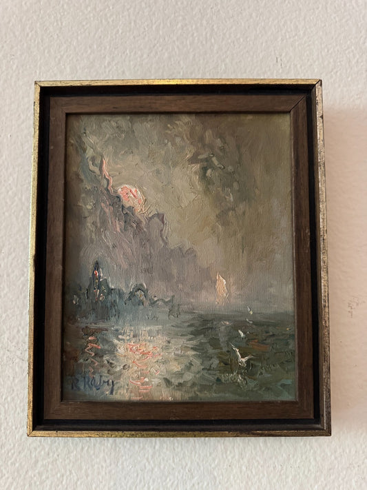 Original Impressionist Oil Painting by R. Riley – Framed Seascape Sunset 11”x10