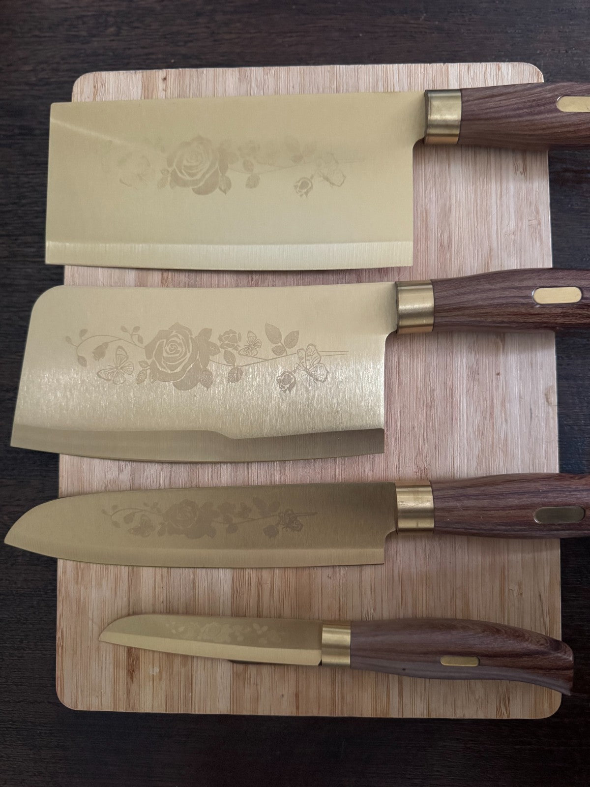 Elegant 4Piece Gold Knife Set with Floral Engraving Wooden Handles Chef, Santoku