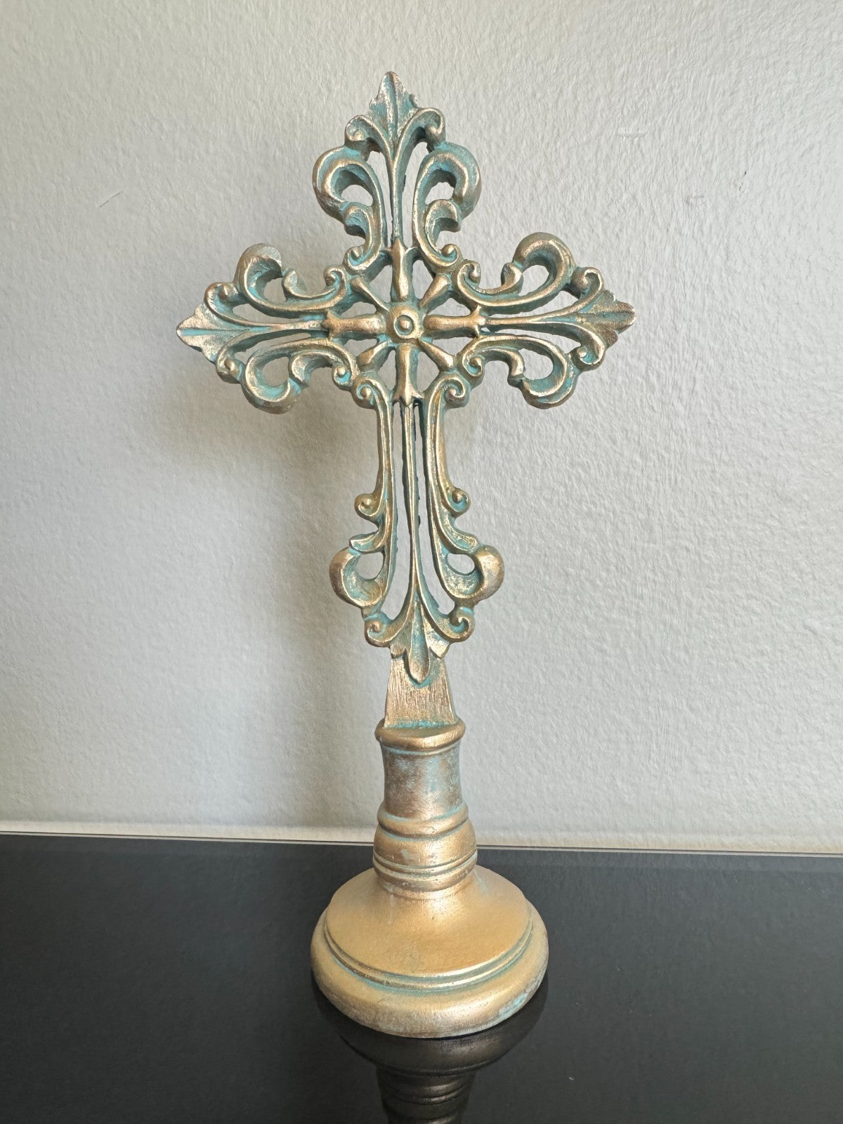 Set of 2 Decorative Resin Crosses – Gold & Aqua Patina Finish, 9'' Tall