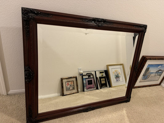 Vintage  Large Mirror Dark Brown Wood Handmade Frame 37” X 47”