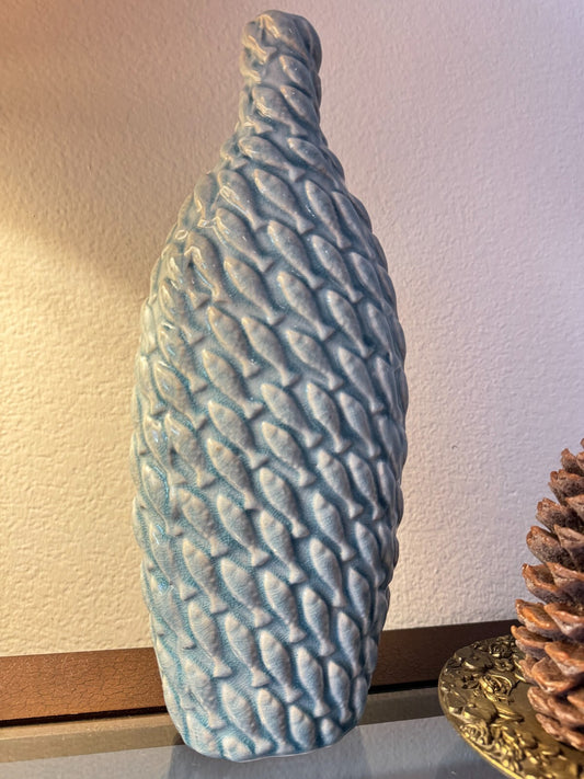 Blue Ceramic Textured Vase  Fish Scale PatternCoastal Nautical Home 14x5 inches.