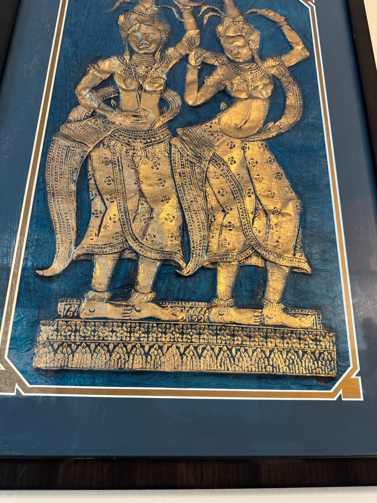 Framed Thai Embossed Artwork – Apsara Dancers in Gold on Blue Background, 25”x18