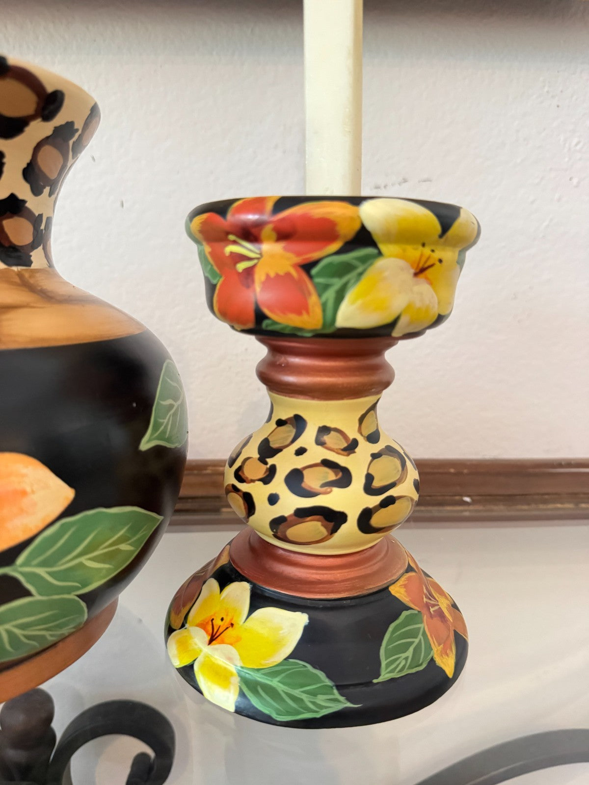 Anita Rosenberg Hand-Painted Ceramic Vase & Candle Holder Set – Leopard Floral