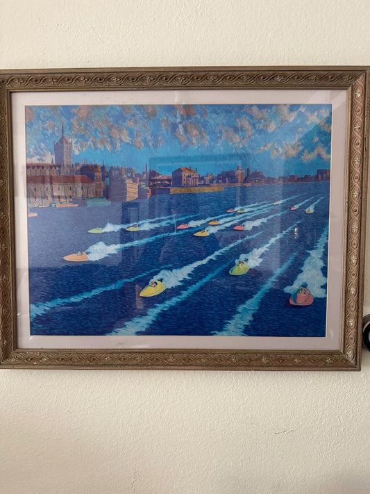 Framed Vintage Print – Colorful Speedboat Racing Scene on Water –30''x24''