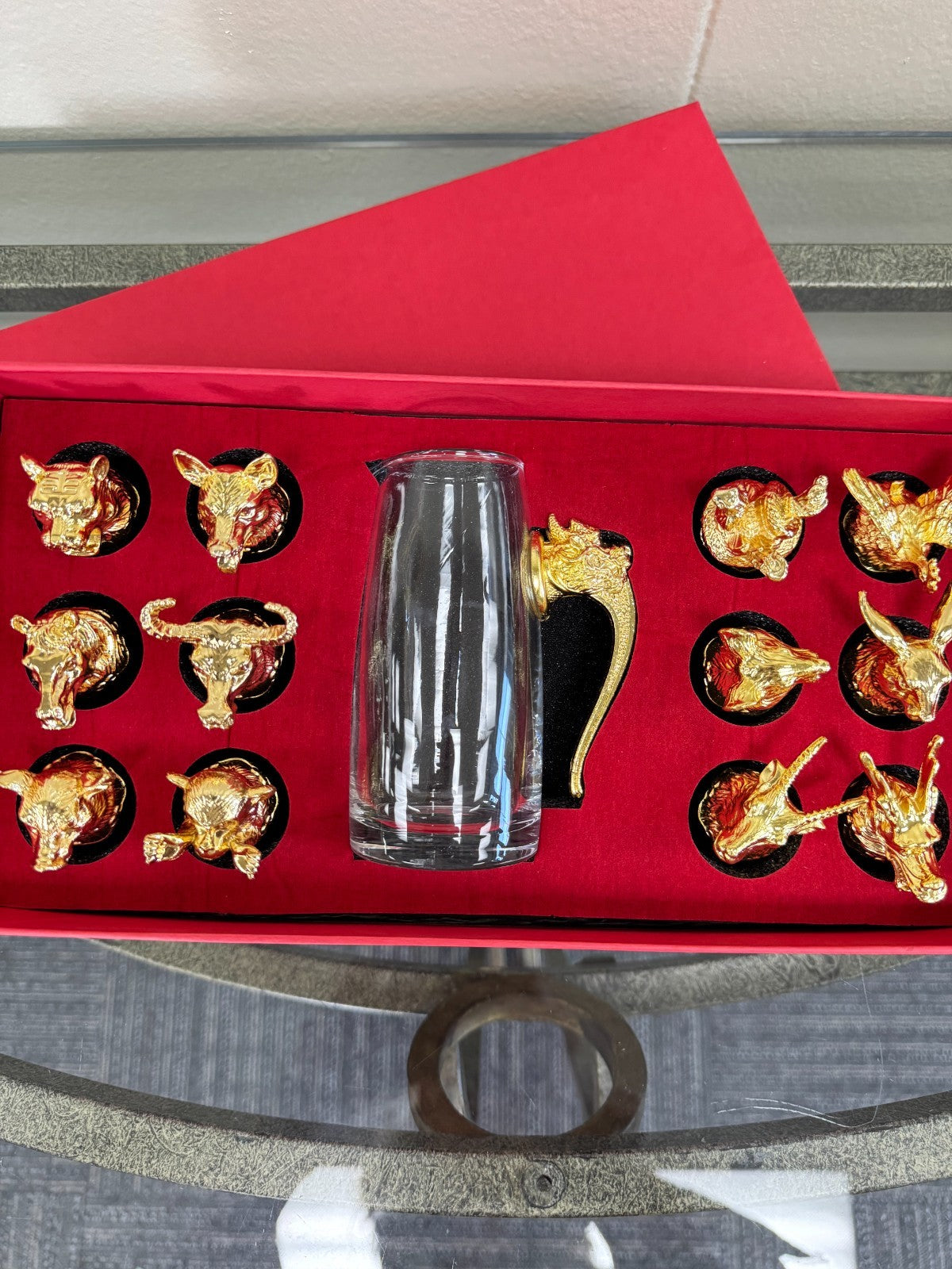 Zodiac Wine Set – 12 Gold Animal Shot Glasses & Glass Decanter with Dragon Handl