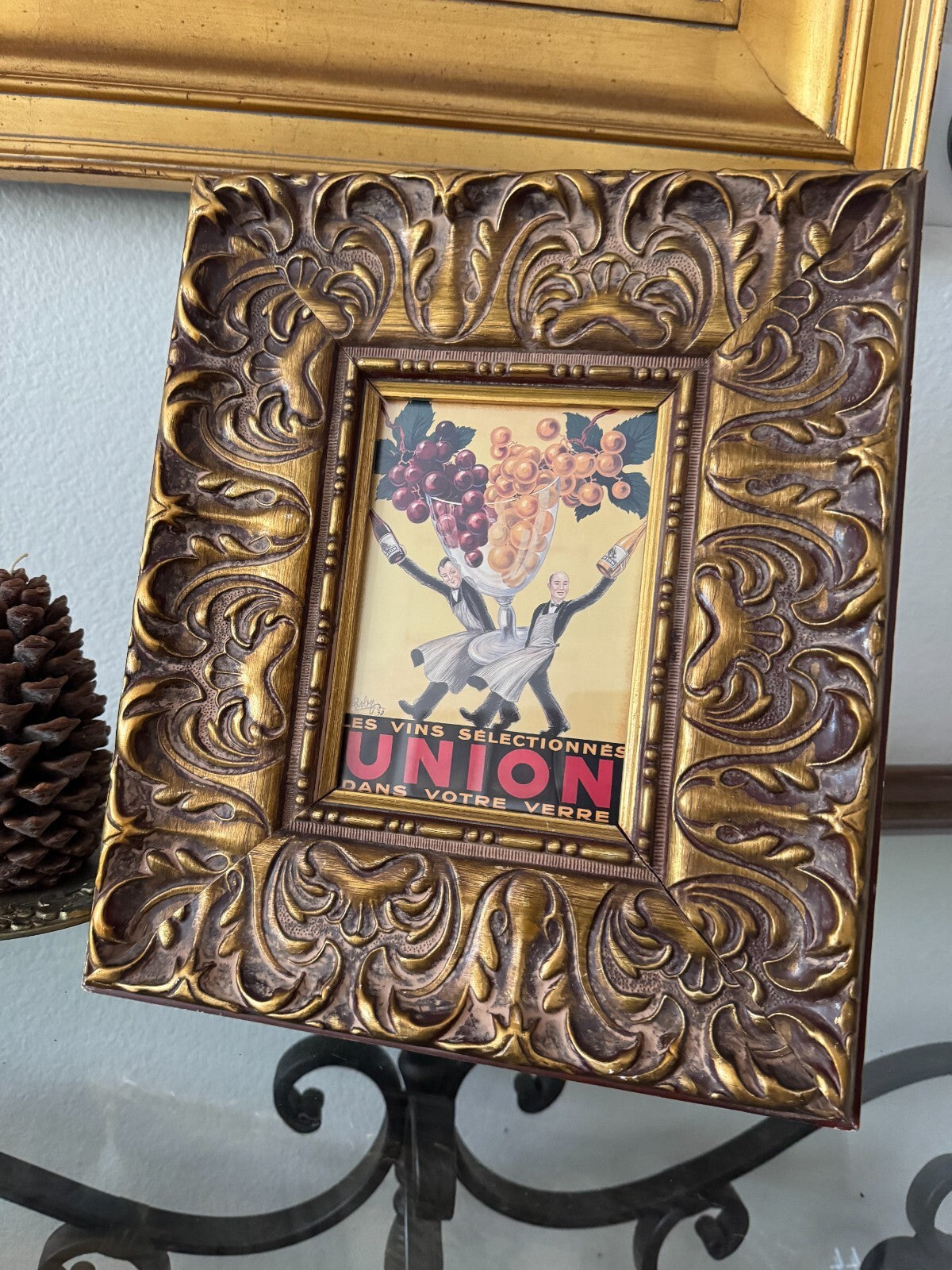 Vintage French Wine Art Print “Union” by Robys 1950 – Ornate Baroque Frame 13x11