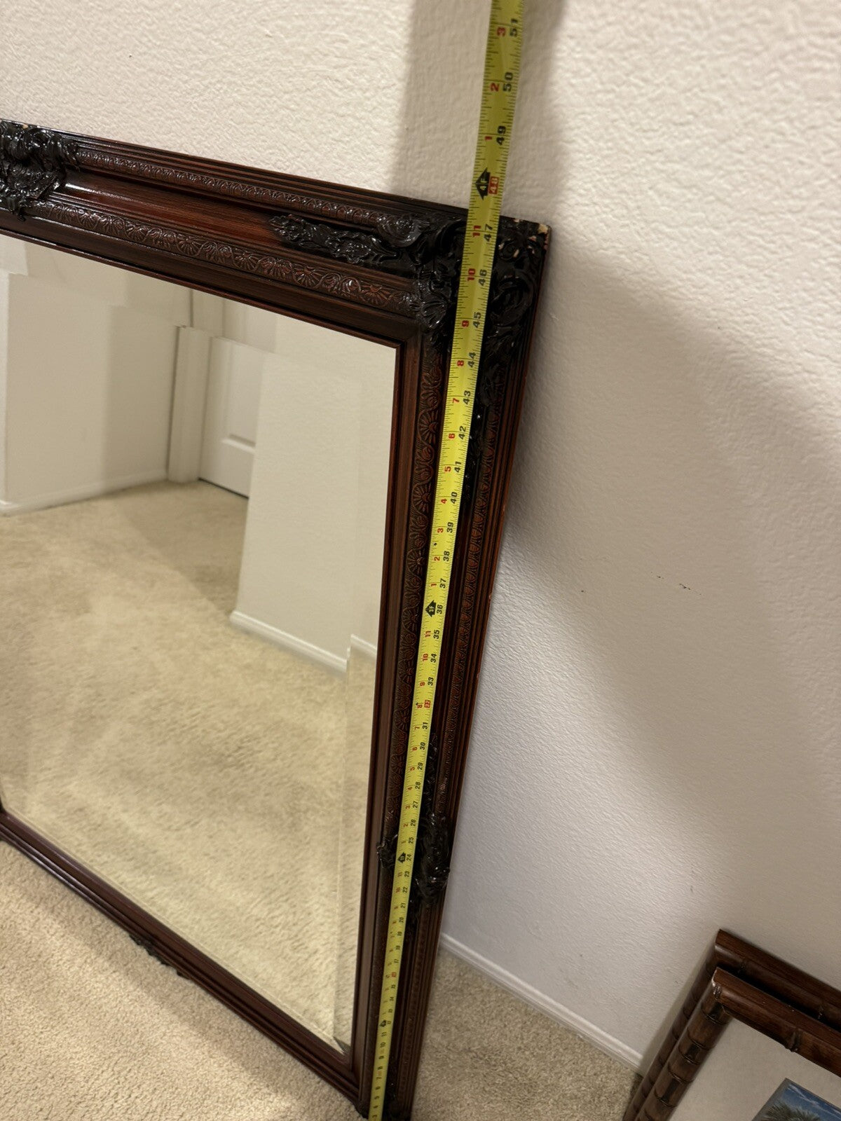 Vintage  Large Mirror Dark Brown Wood Handmade Frame 37” X 47”