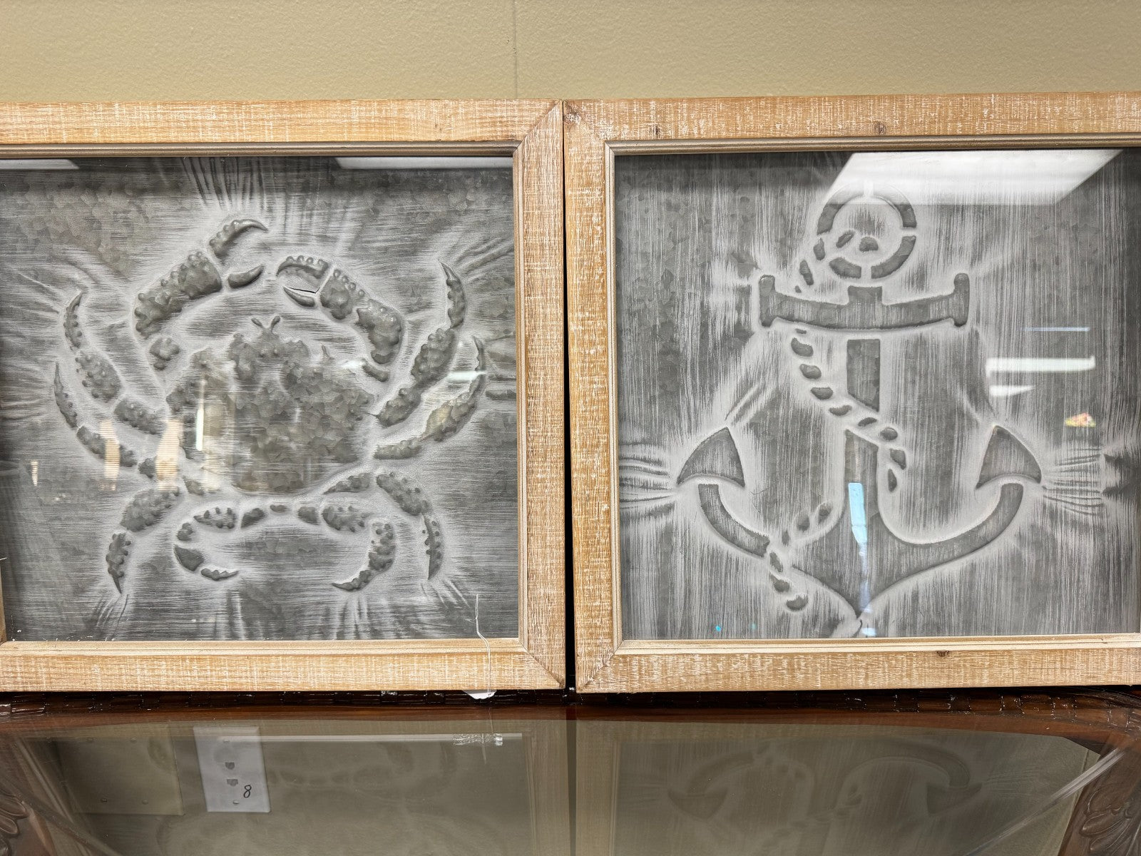 Set of 2 Coastal Metal Wall Art – Crab & Anchor Embossed Designs 19x19