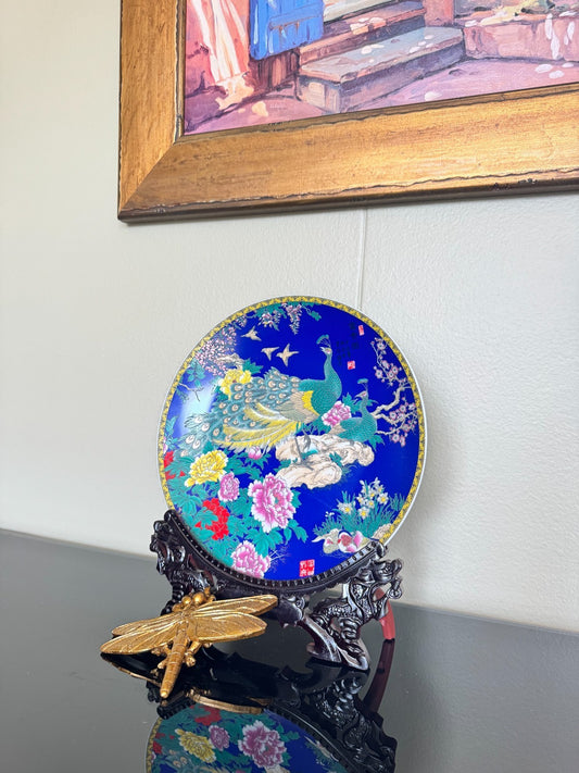 Vintage Chinese Peacock Decorative Ceramic Plate with Wooden Display Tall 11