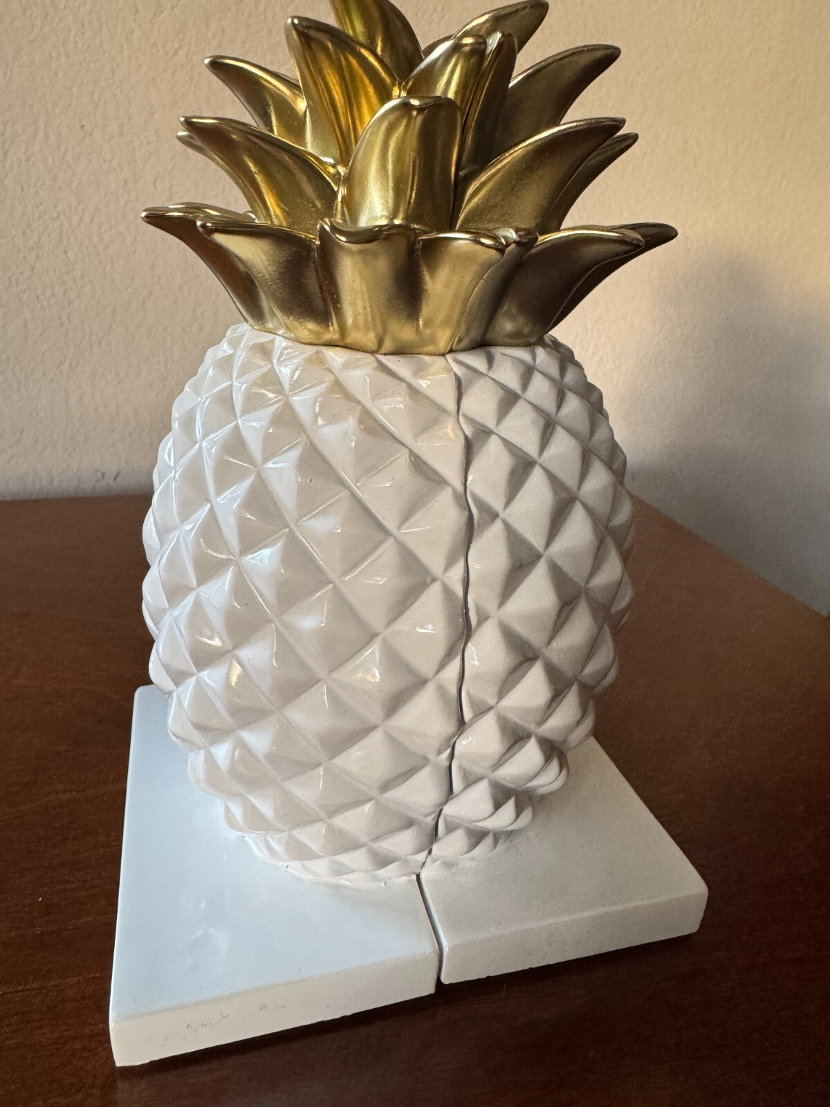 Pineapple Bookends - White Ceramic with Gold Accents, 7 Inches Tall”