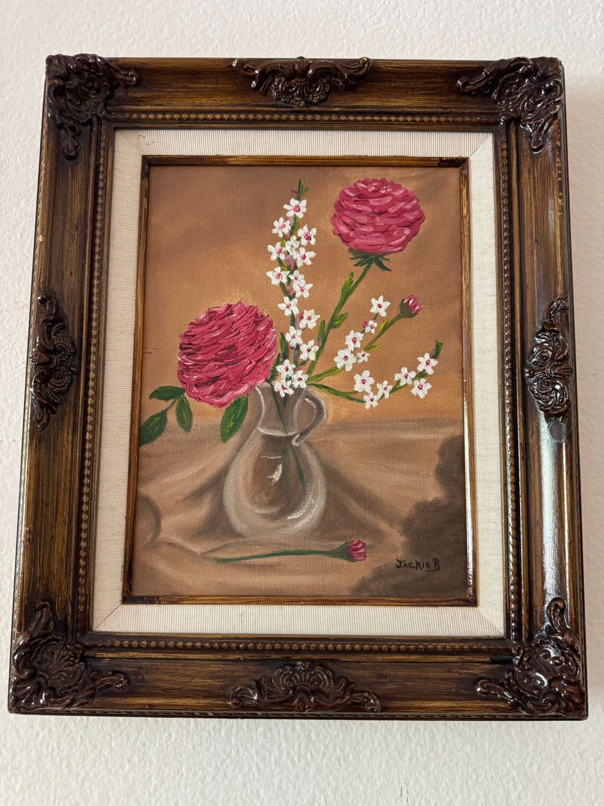 Vintage Floral Still Life Painting by Jackie B Original Oil on Mid-20th 16”x13”