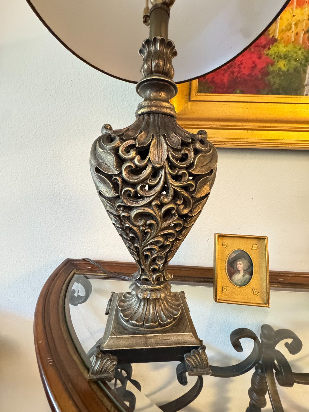 Vintage Ornate Bronze-Style Resin Table Lamp  Black Shade – 28” Tall
