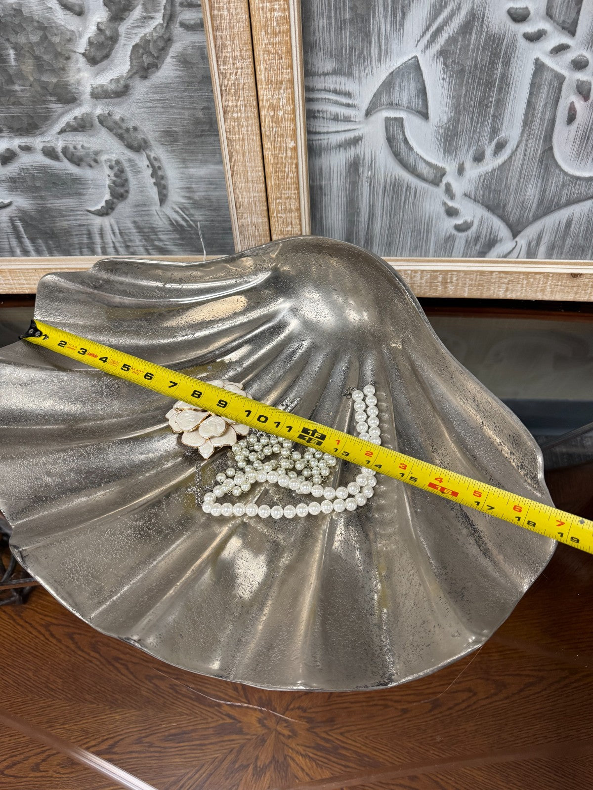 Large Silver Aluminum Clam Shell Bowl Decorative Centerpiece – 18”x14” Coastal S