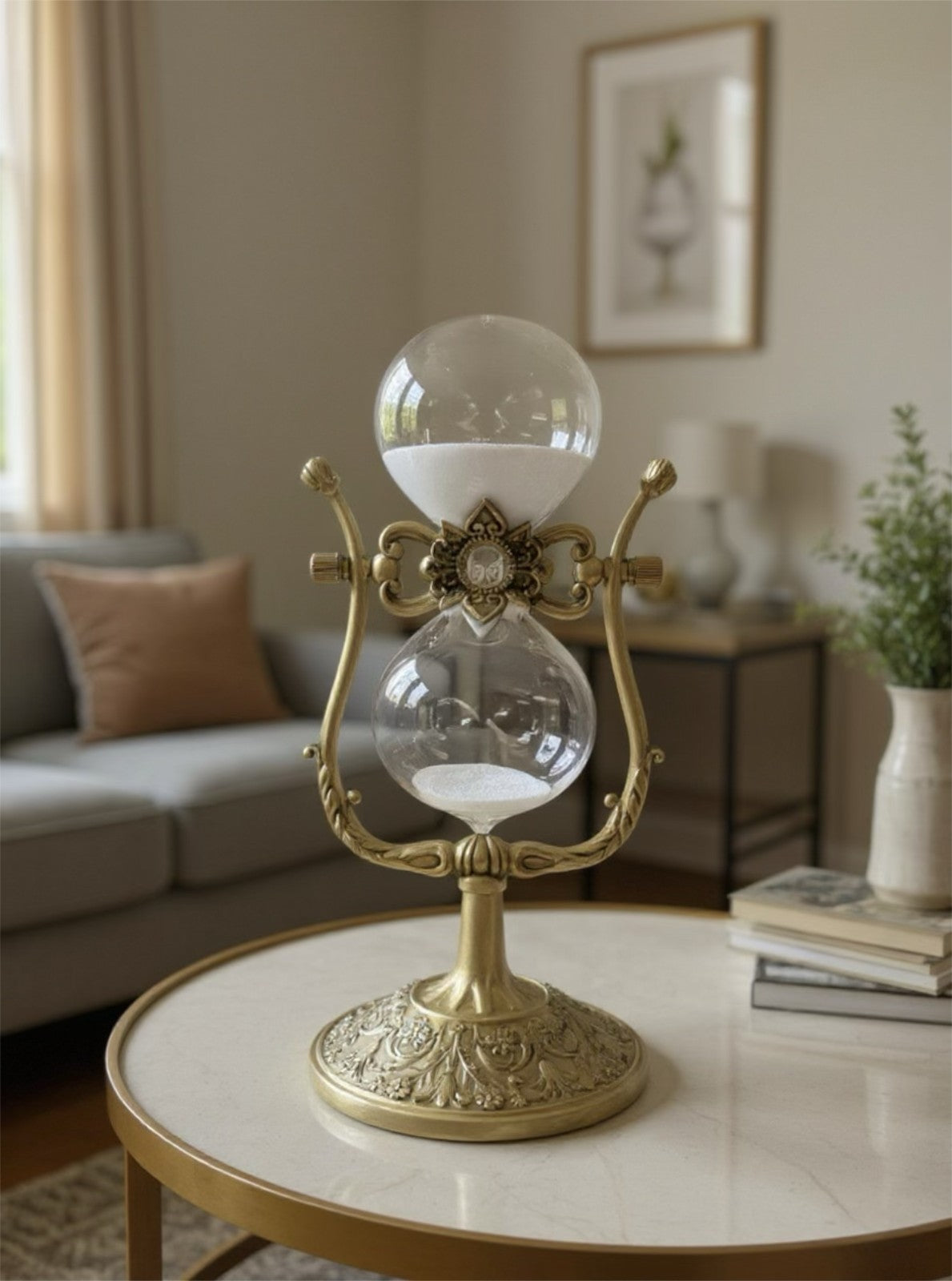 Gold Hourglass Timer with Ornate Enamel Base – 8” Decorative Sand Timer