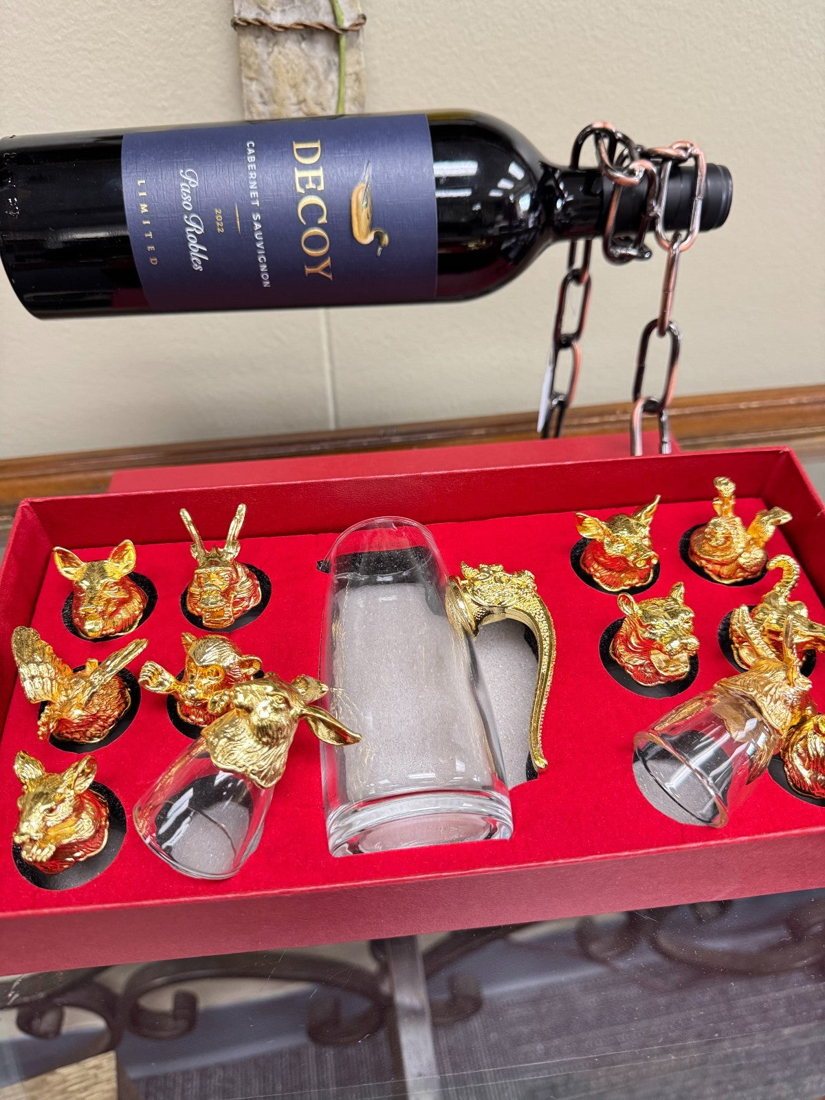 Zodiac Wine Set – 12 Gold Animal Shot Glasses & Glass Decanter with Dragon Handl