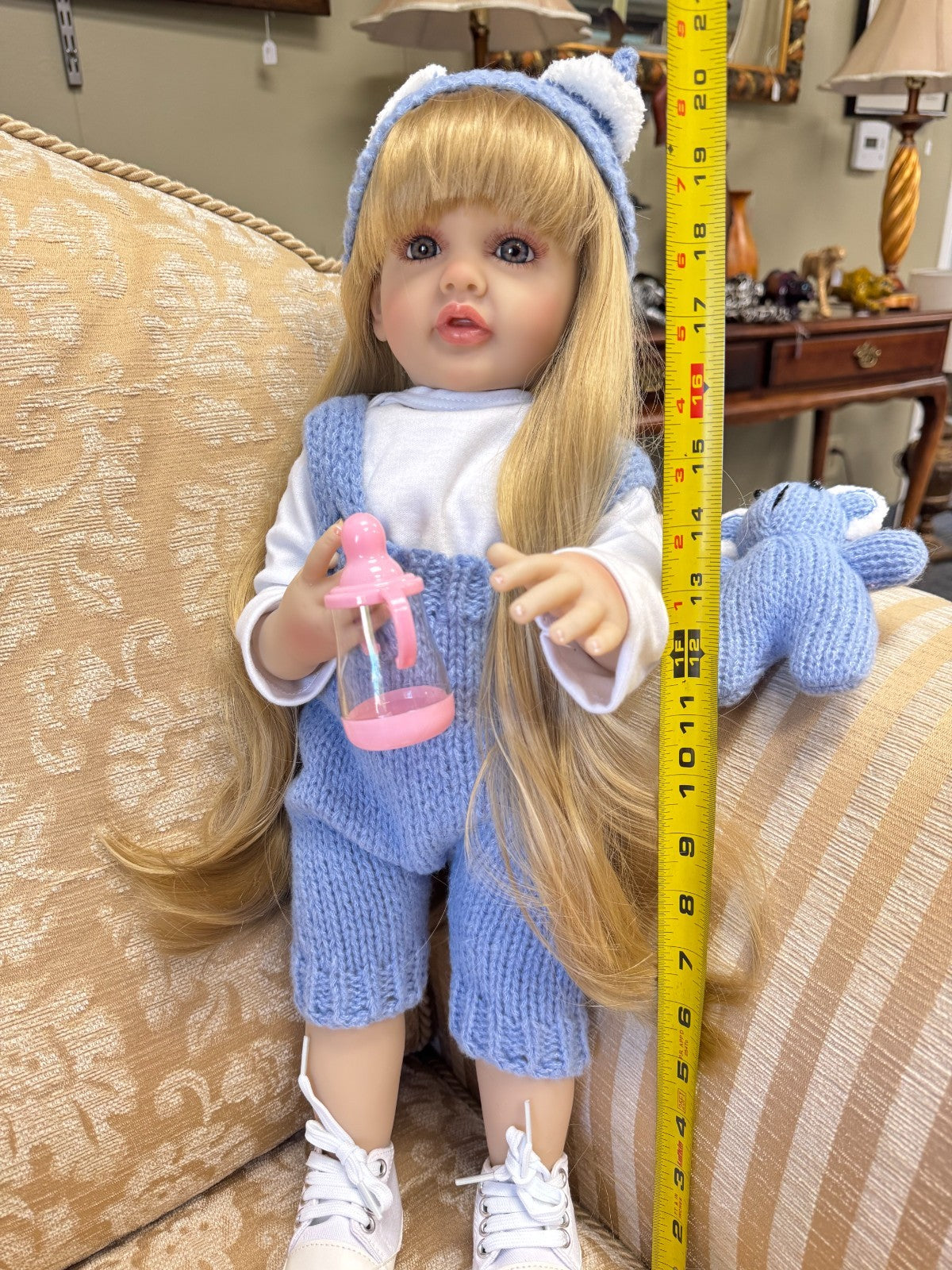 Realistic 20” Reborn Baby Doll  Blonde Hair, Knit Blue Outfit, 20in