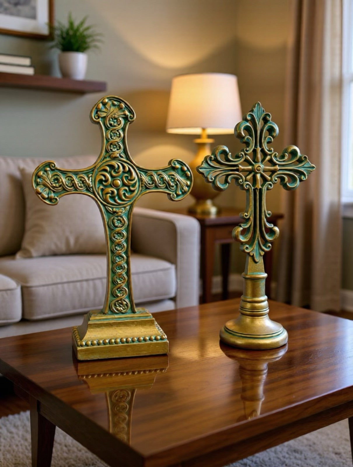 Set of 2 Decorative Resin Crosses – Gold & Aqua Patina Finish, 9'' Tall
