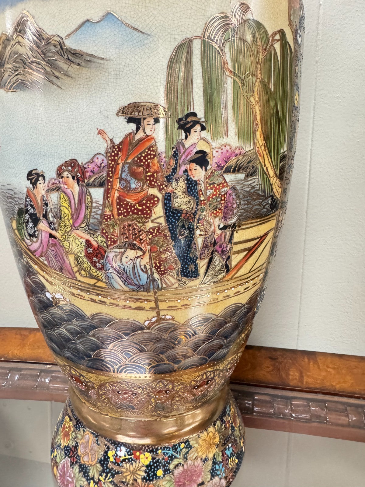Pair Large 24” Japanese Satsuma Vases Hand Painted Gold Moriage Geisha Scene