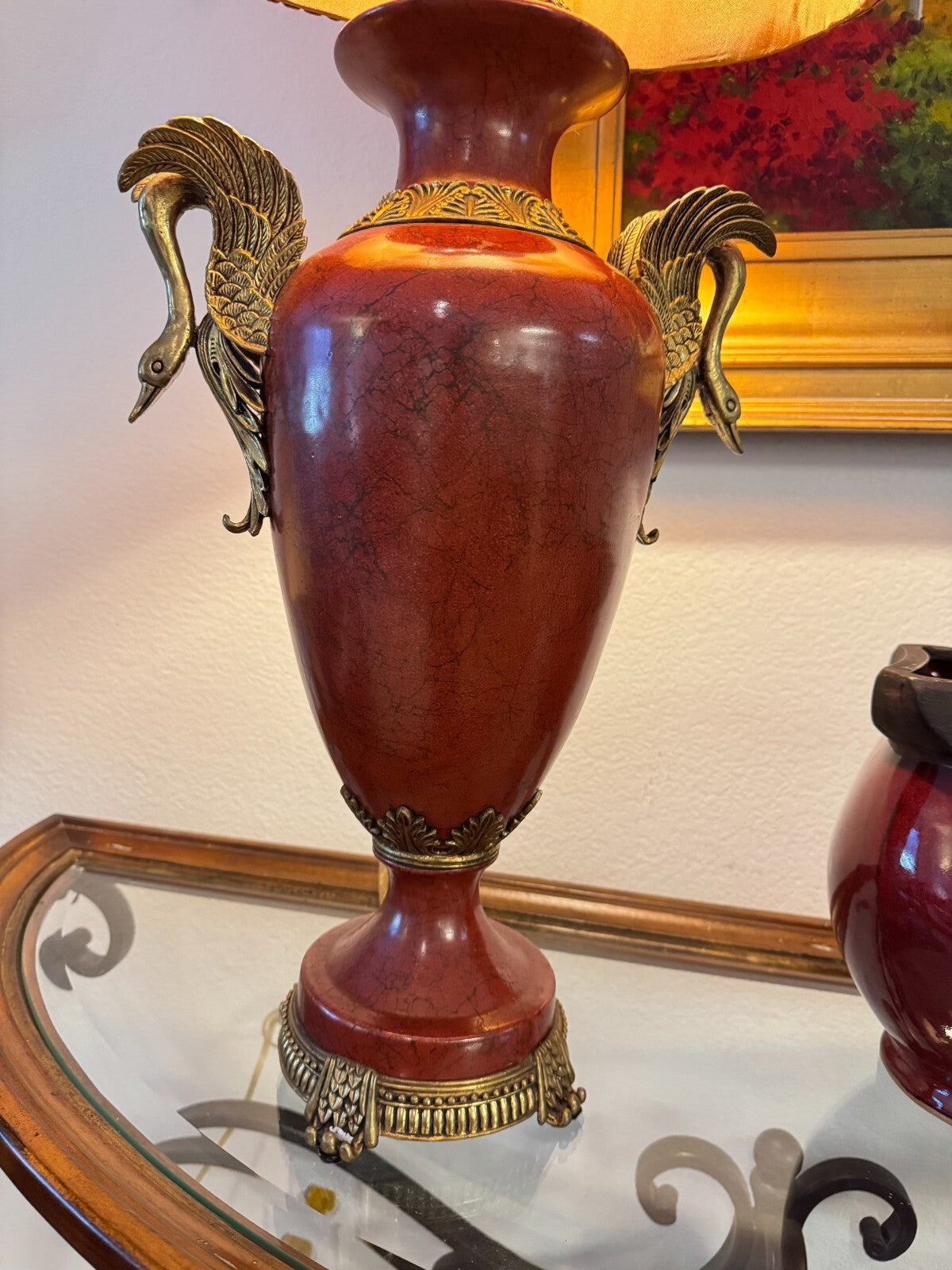 Vintage Ornate Brass Swan Handle Table Lamp – 33” Tall with Red Shade,