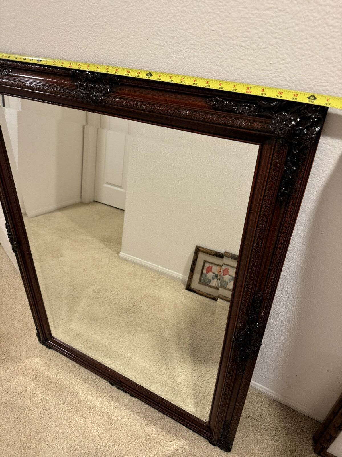 Vintage  Large Mirror Dark Brown Wood Handmade Frame 37” X 47”