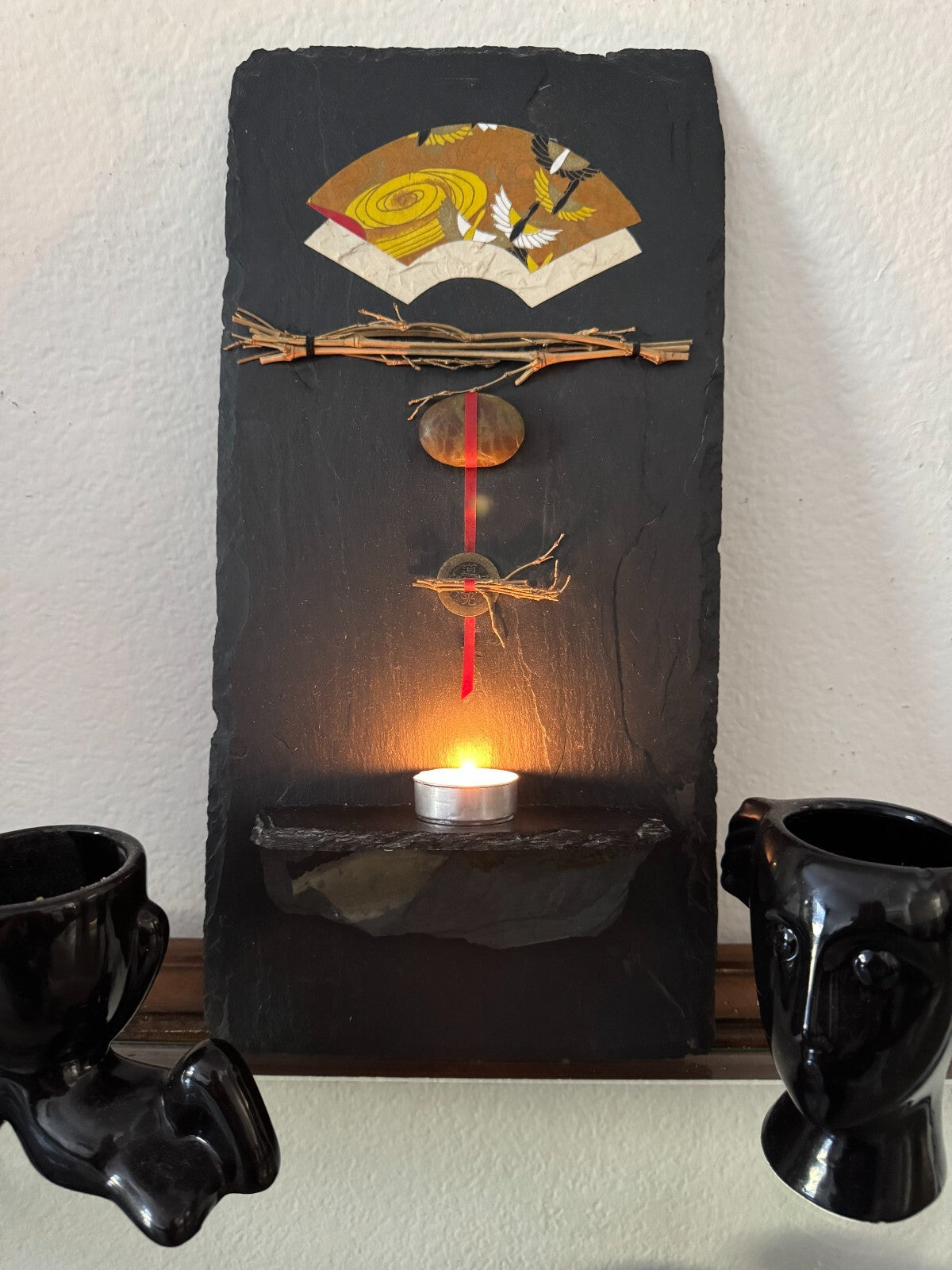 Handcrafted Slate Wall Art with Candle Holder – Japanese Zen Stone Decor