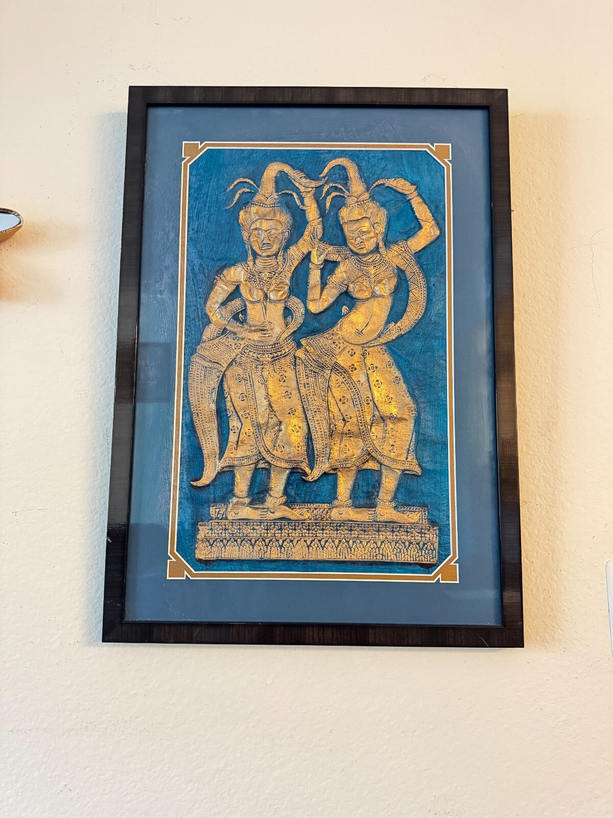 Framed Thai Embossed Artwork – Apsara Dancers in Gold on Blue Background, 25”x18