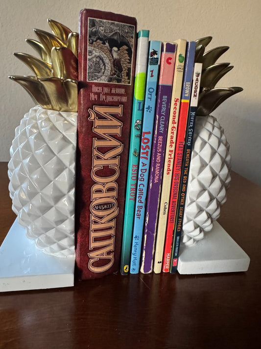 Pineapple Bookends - White Ceramic with Gold Accents, 7 Inches Tall”