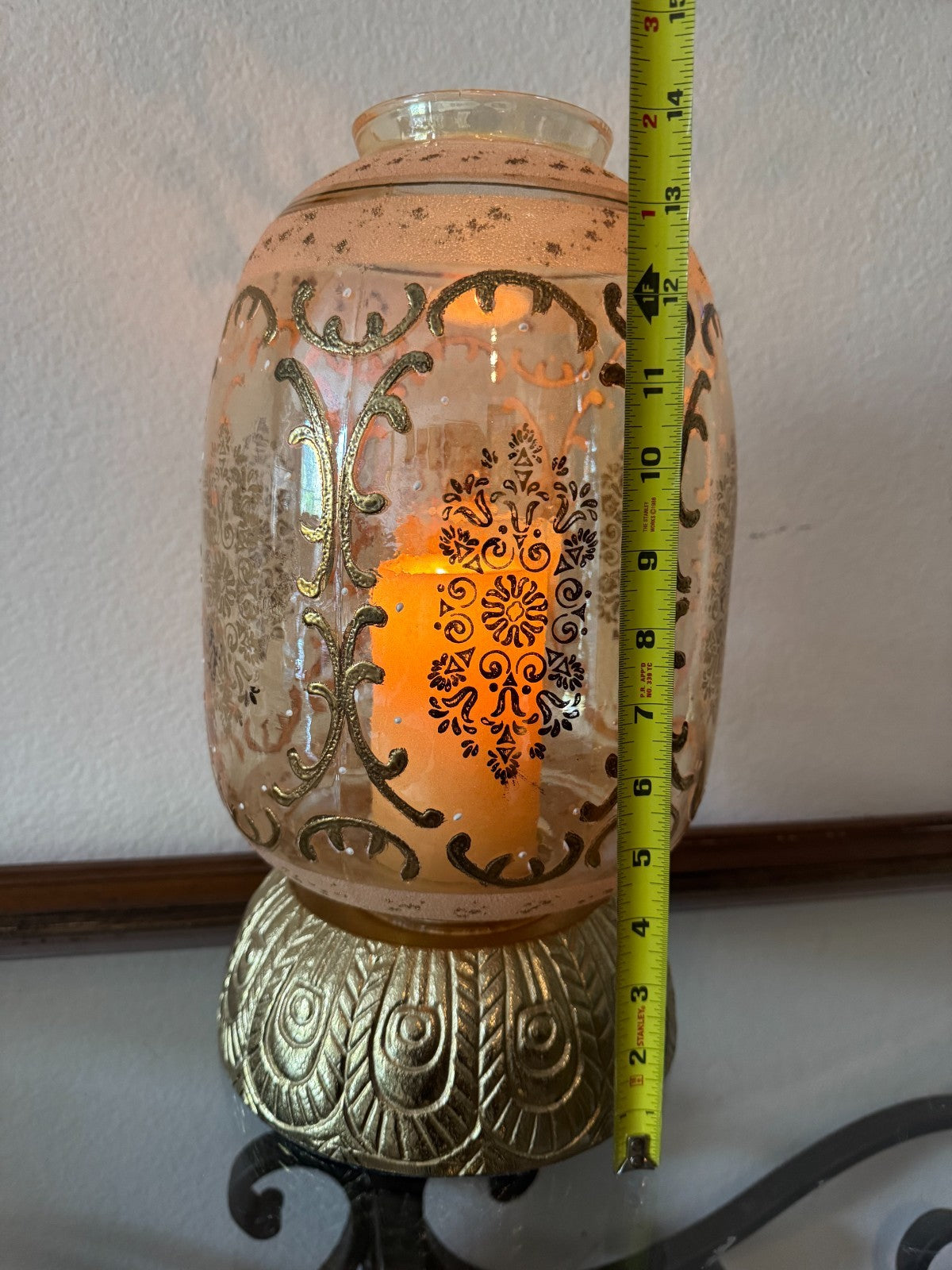 Glass Hurricane Candle Holder with Gold Embossed Pattern Tall 14