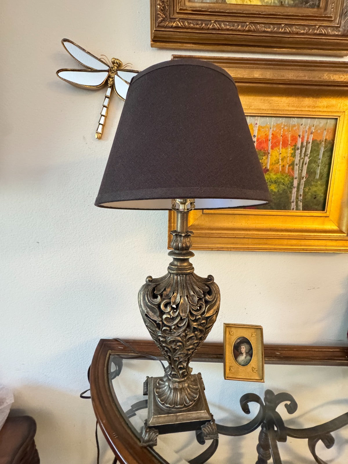 Vintage Ornate Bronze-Style Resin Table Lamp  Black Shade – 28” Tall