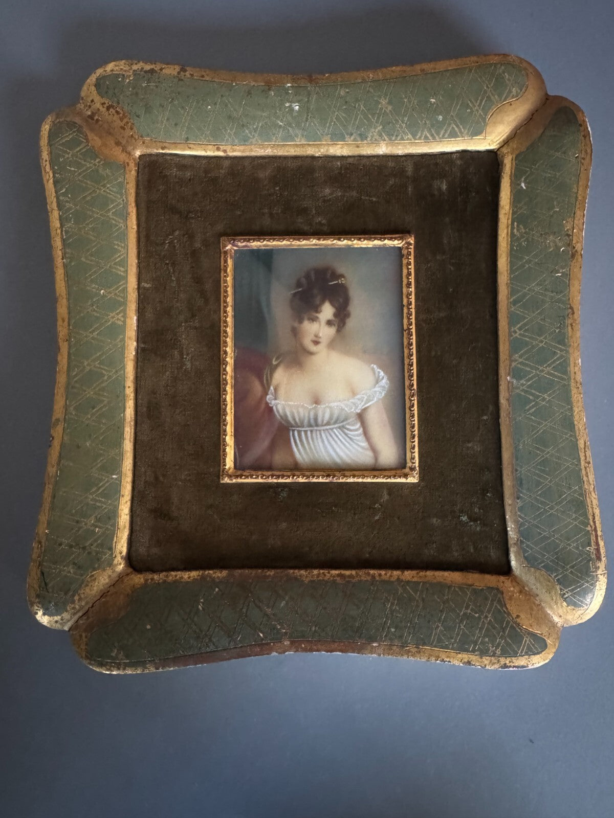Antique Miniature Portrait Paining  Regency Lady in Ornate Frame Signed ''Heimo