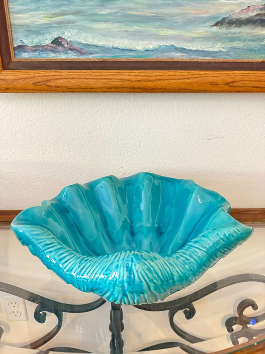 Large Turquoise Ceramic Clam Shell Bowl | Marine Style  16”