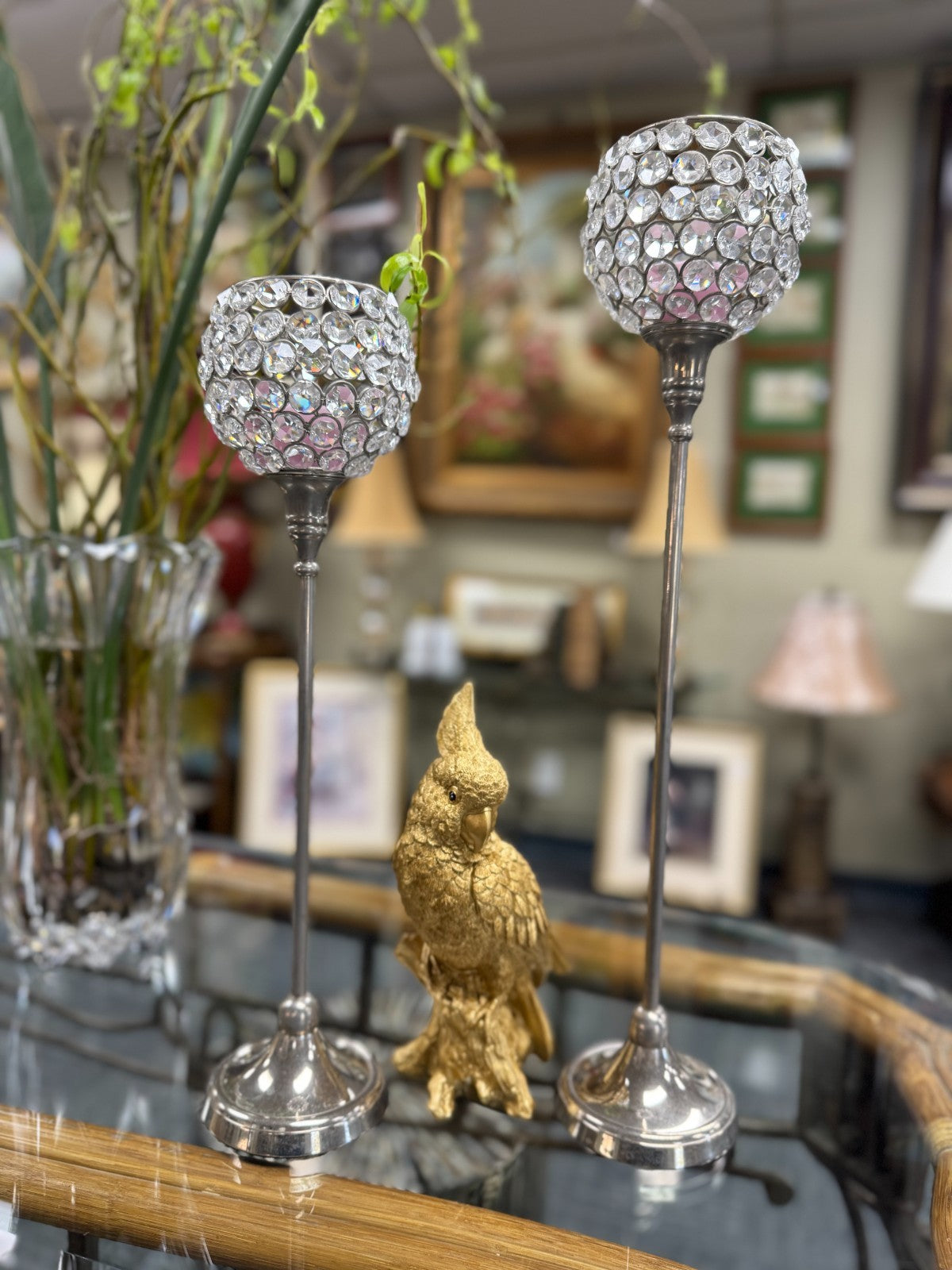 Set of 2 Crystal Beaded Candle Holders – 20, 17” Tall Silver Metal Stands