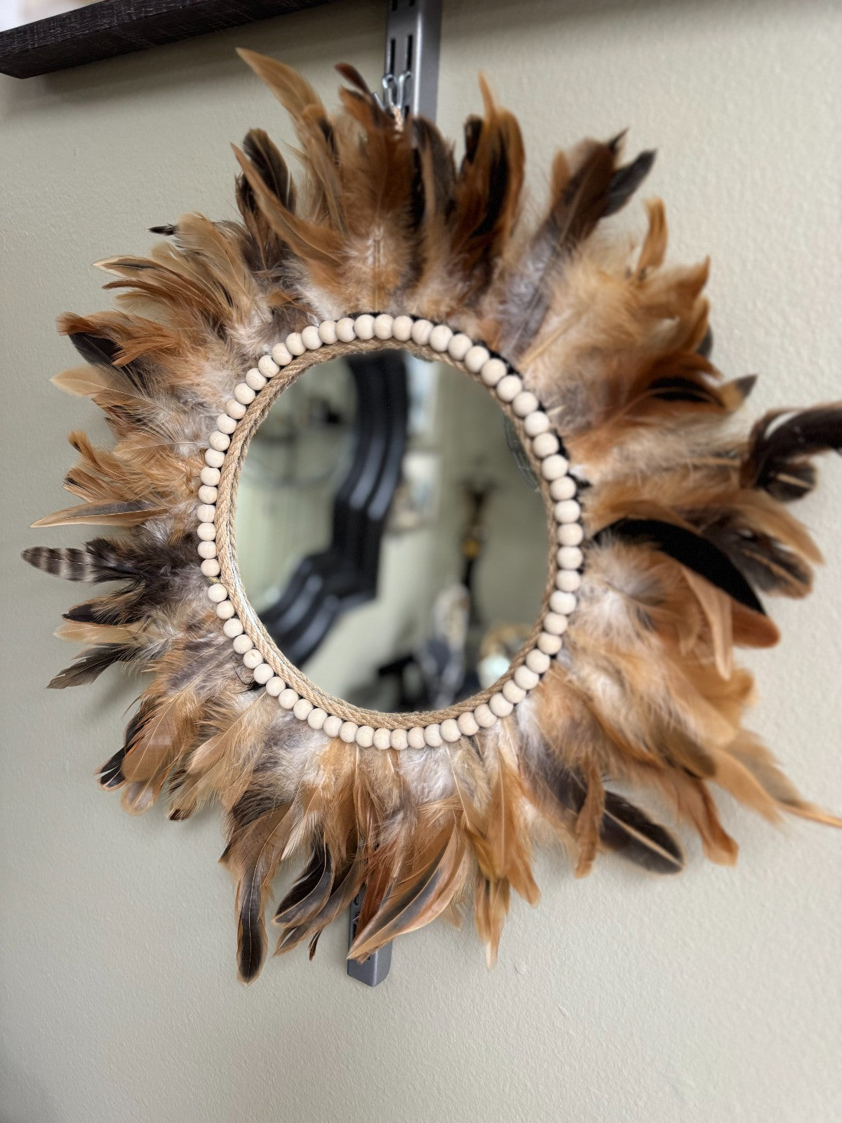 Boho Feather Sunburst Wall Mirror with Wood Beads – 15” Brand New