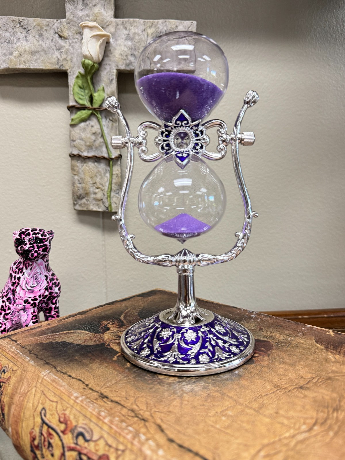 Purple Hourglass Timer with Ornate Enamel Base – 8” Decorative Sand Timer
