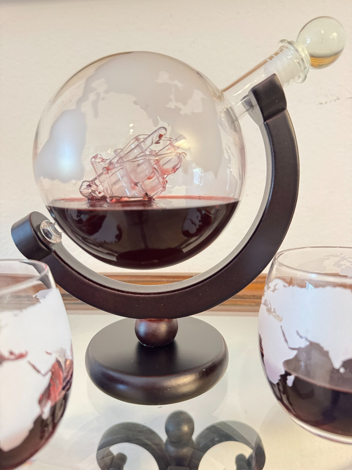 Whiskey Decanter Globe Set with Ship Inside + 2 Etched Glasses – World Map