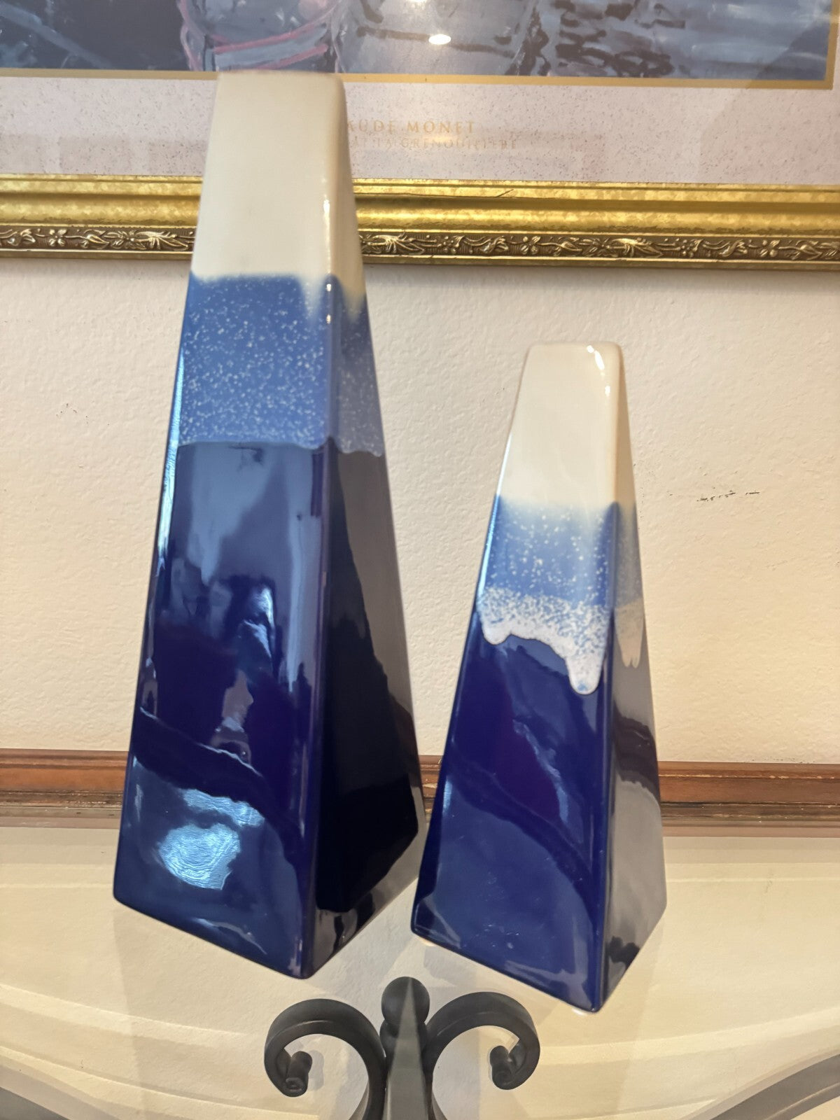 Set of 2 Modern Ombre Blue & White Ceramic Vases – 16” & 12” Geometric Tapered