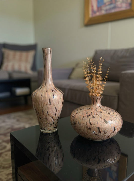 Set of 2 Handblown Art Glass Vases –  Modern Speckled Pattern Tall 20, 10in