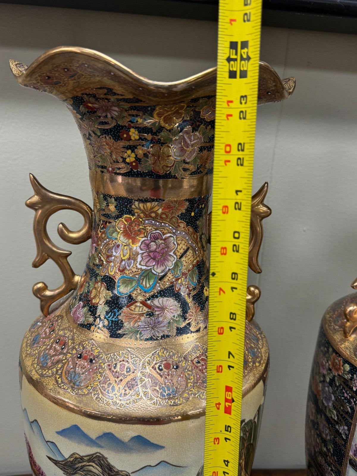 Pair Large 24” Japanese Satsuma Vases Hand Painted Gold Moriage Geisha Scene