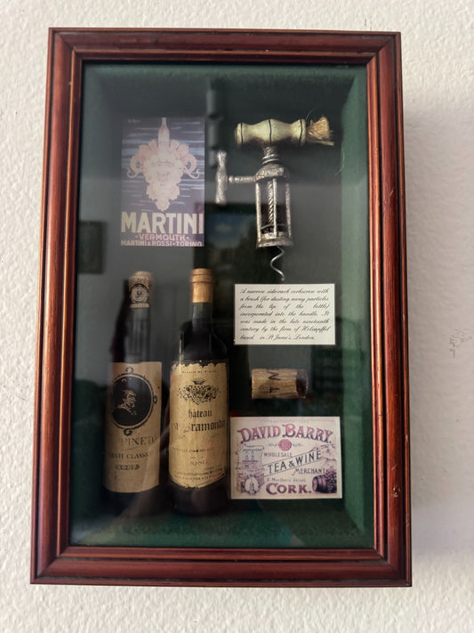 Vintage Wine Shadow Box Diorama – Corkscrew, Bottles, Martini Poster, 12.5”x8.5”