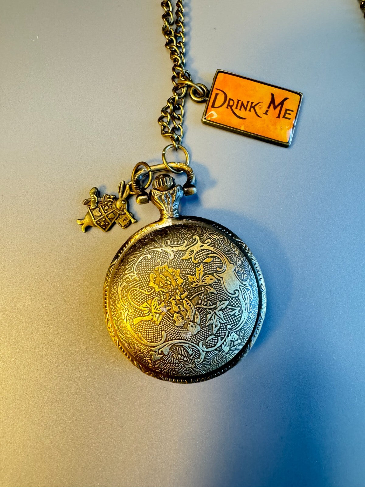 Alice in Wonderland Vintage Style  Brass Watch With Chain Toy Collectible