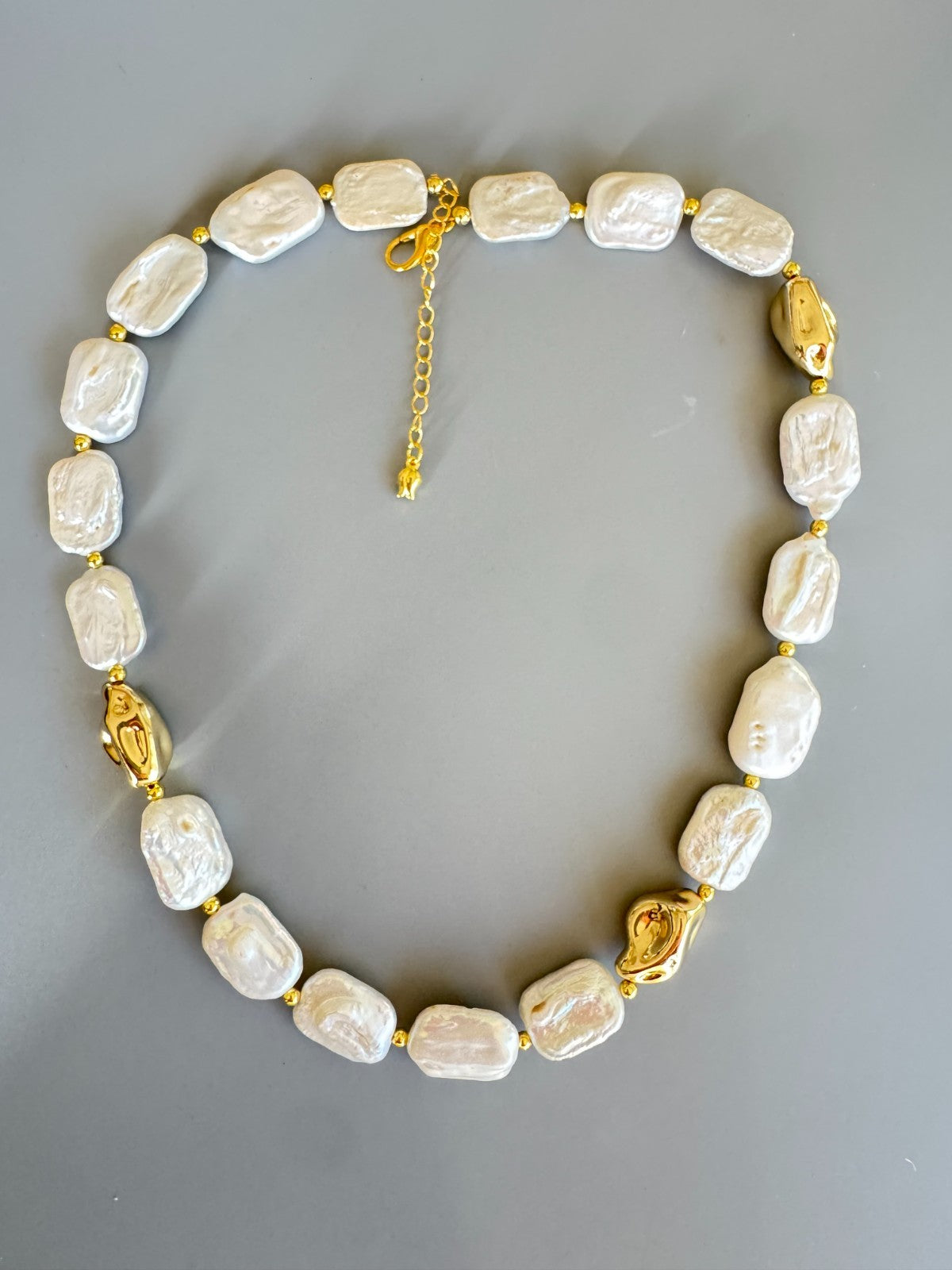 Baroque Freshwater Pearl Necklace with Gold-Tone Accent Beads, Adjustable 18”
