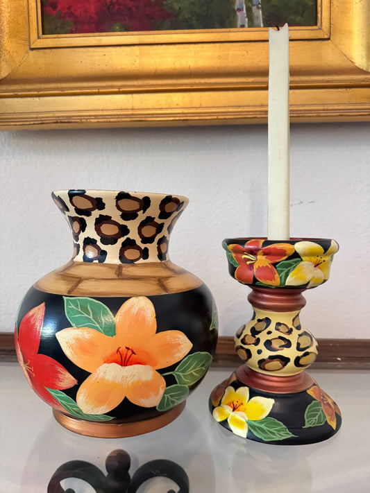 Anita Rosenberg Hand-Painted Ceramic Vase & Candle Holder Set – Leopard Floral